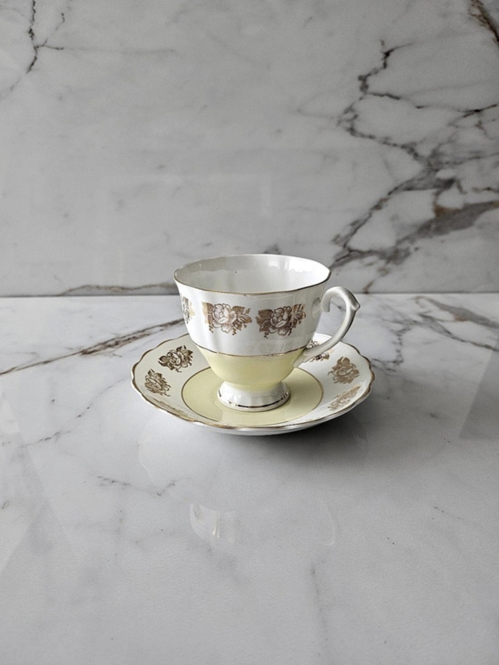 Vintage Crownford Pale Yellow Gilt Fine Bone China Teacup and Saucer Set